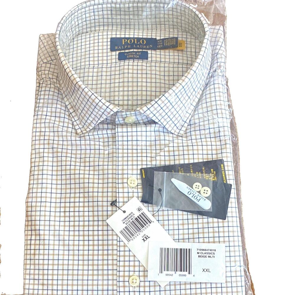 NWT Polo Ralph Lauren Classic Fit Stretch Dress Shirt XXL Beige Multi Check